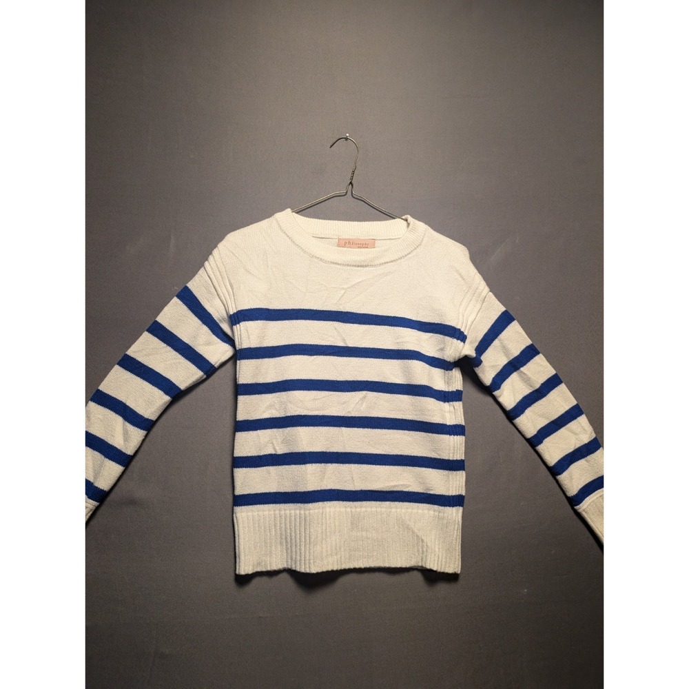 Philosophy Sweater Womens XS White Blue Striped Tight Knit Crew Neck Pullover